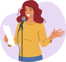 Woman speaker speaks publicly, standing near microphone and reading own poetry for audience. Girl speaker with smile rehearses solo stand-up program with jokes and funny stories from life png