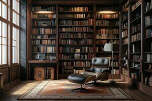 Cozy reading nook with an elegant armchair and extensive bookshelf in a sunlit study photo