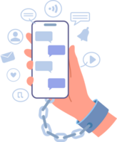 Nomophobia in person, chained to phone due to fear of parting with mobile gadget with social networking applications. Digital addiction and nomophobia in smartphone user addicted to online services png