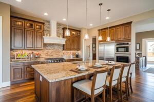 Modern kitchen with wooden cabinetry and granite countertops perfect for family gatherings photo
