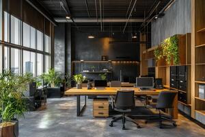 Modern office workspace with greenery and large windows during daylight hours photo