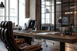 Modern office workspace featuring a wooden desk and sleek technology in a stylish environment photo