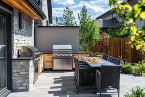 Modern outdoor kitchen with barbecue and dining area, surrounded by lush greenery under blue skies photo
