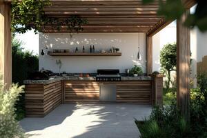 Modern outdoor kitchen with wooden elements and grill in a lush garden setting during the day photo