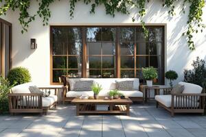 Sunny outdoor patio with comfortable seating and green plants in a serene garden setting photo