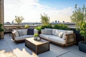 Stylish rooftop terrace with modern furniture and greenery overlooking a city skyline in daylight photo