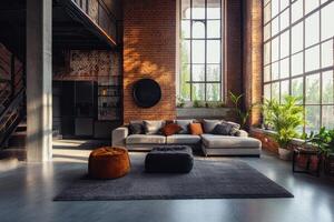 Modern industrial living room with natural light and cozy furnishings in urban loft setting photo