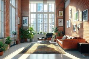 Stylish urban living room with large windows and modern decor in a contemporary setting photo