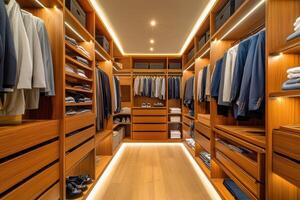 Modern wooden walk-in closet with organized attire and soft lighting features photo