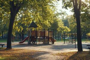 Colorful playground under sunny autumn trees in a peaceful park setting during golden hour photo