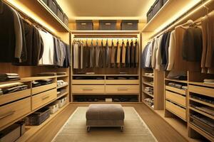 Spacious walk-in closet with organized clothing and modern lighting in a warm wooden finish photo