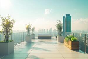Modern rooftop terrace with planters overlooking city skyline during daylight hours photo