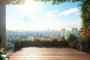 Beautiful rooftop garden with city skyline view during golden hour in an urban setting photo