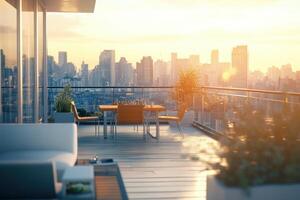 Stylish balcony dining setup with city skyline at sunset in a modern apartment photo