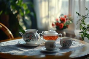A quiet afternoon tea setting with delicate china and fresh flowers by the window photo