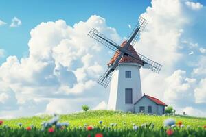A picturesque windmill stands tall on a green hillside under a bright blue sky filled with clouds photo