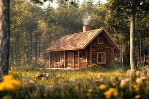 A cozy log cabin nestled in a lush forest with vibrant flowers under a clear sky photo