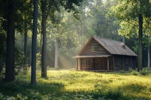A charming log cabin nestled in a sunlit forest clearing during the early morning hours photo