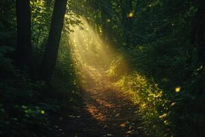 Serene forest pathway illuminated by sunlight during early morning in a tranquil woodland setting photo