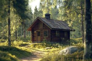 A cozy wooden cabin stands in a vibrant forest, surrounded by tall trees and soft greenery photo
