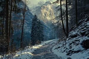 Snow-covered path leading through a forest with towering mountains in the background at dusk photo