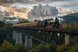 Steam locomotive crossing a historic bridge at sunset in a scenic mountainous landscape photo
