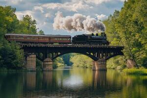Historic steam locomotive crosses a scenic bridge over calm waters surrounded by lush greenery photo