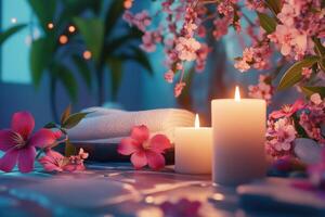 Tranquil spa setting with candles, flowers, and soft towels in a serene environment photo
