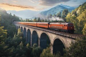Scenic train crossing a historic viaduct surrounded by mountains and forests at sunset photo