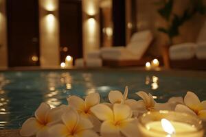 Relaxing spa atmosphere with candles and floating flowers near the pool in an elegant setting photo