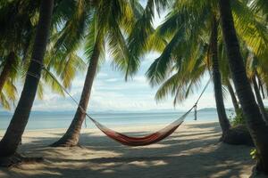 Relaxing hammock between palm trees on a tranquil beach during midday under clear skies photo
