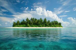 Tropical island surrounded by clear blue waters under a bright sky with fluffy clouds photo