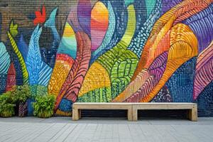Colorful mural featuring vibrant abstract patterns on a brick wall in an urban setting with a bench photo