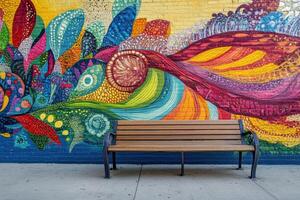 Colorful mural with vibrant floral designs and a wooden bench in an urban setting photo