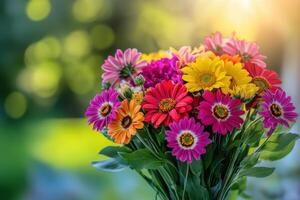 Colorful bouquet of flowers in a garden during sunset with a soft bokeh effect photo