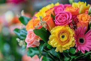 A vibrant bouquet of colorful roses and gerbera daisies in a floral shop during spring photo