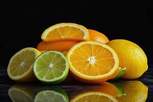 Fresh citrus fruits arranged artistically on a reflective surface against a black background photo