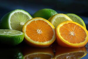 Fresh oranges and limes arranged artistically with vibrant colors displayed on a reflective surface photo
