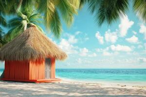 A tranquil beach hut surrounded by palm trees on a sunny day by the ocean photo