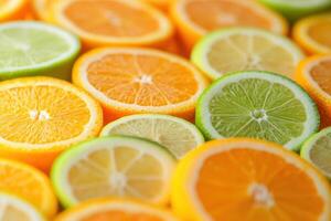 Freshly sliced oranges and limes arranged beautifully in a vibrant display at a market stall photo