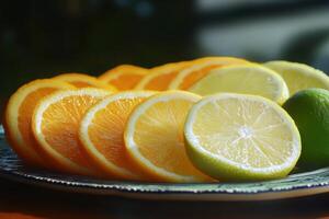 Freshly sliced oranges and lemons arranged on a decorative plate for a vibrant display photo