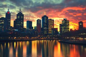 Melbourne skyline illuminated by sunset reflections over Yarra River in evening twilight photo