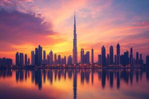 Sunset reflection over Dubai skyline featuring Burj Khalifa and surrounding skyscrapers photo
