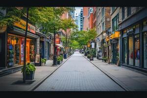 Lively street lined with shops and trees in an urban area during the afternoon hours photo