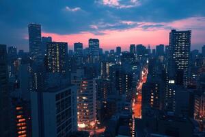 Twilight cityscape of a bustling urban skyline with glowing buildings and a vibrant horizon photo