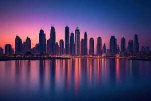 Stunning skyline of Dubai at twilight reflecting in serene waters photo