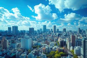 Vibrant cityscape view showcasing modern buildings under a stunning blue sky with fluffy clouds photo