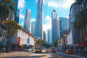Bustling city street in Singapore with modern skyscrapers and classic architecture under clear sky photo