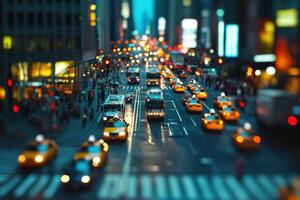 Vibrant evening traffic in Times Square with busy streets and bustling yellow taxis photo