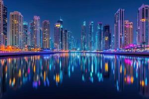 Dubai's skyline sparkles at night, with colorful lights reflecting on the water photo